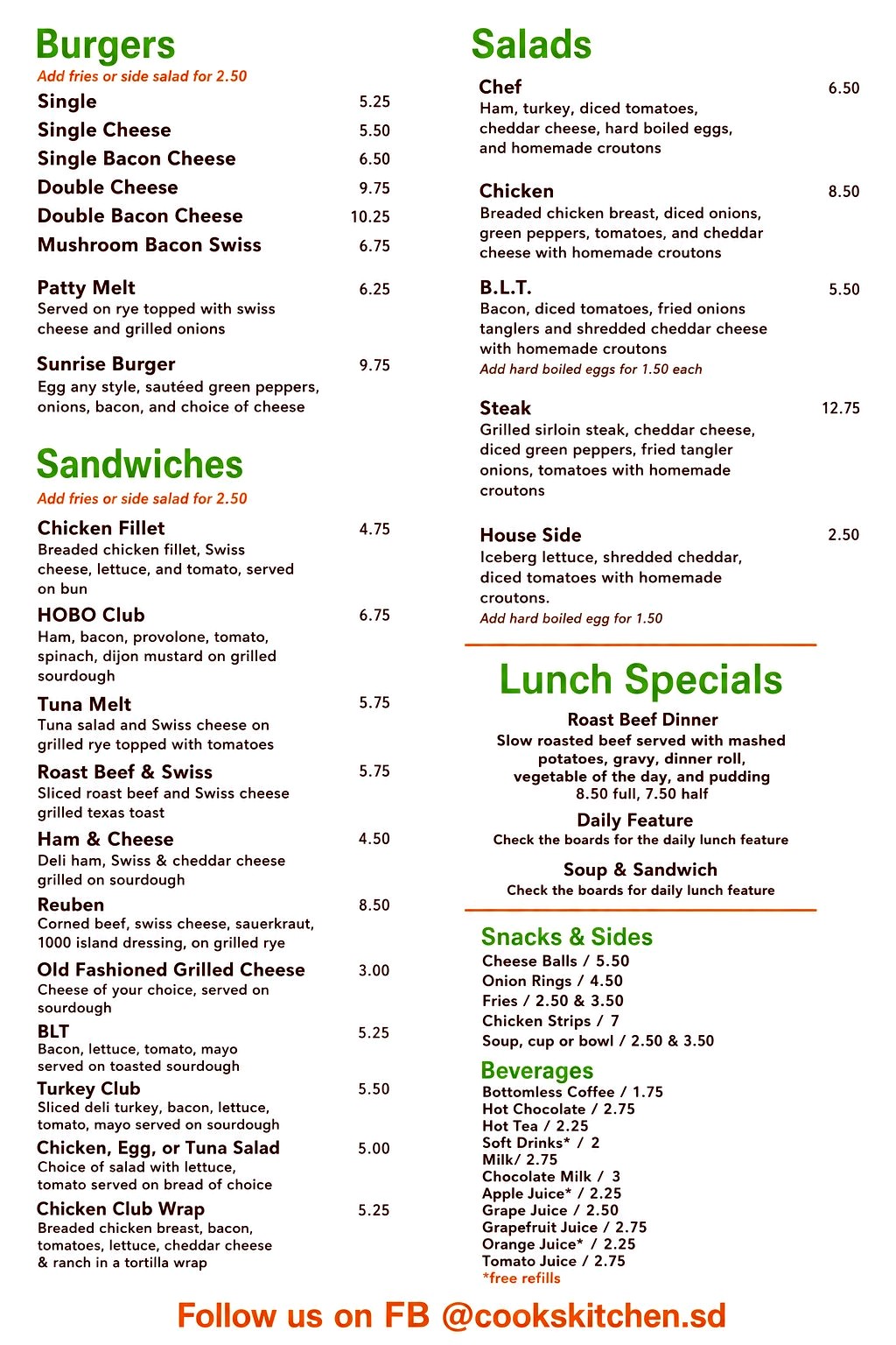 Cook's Kitchen lunch menu board — burgers, sandwiches, wraps and lunch specials