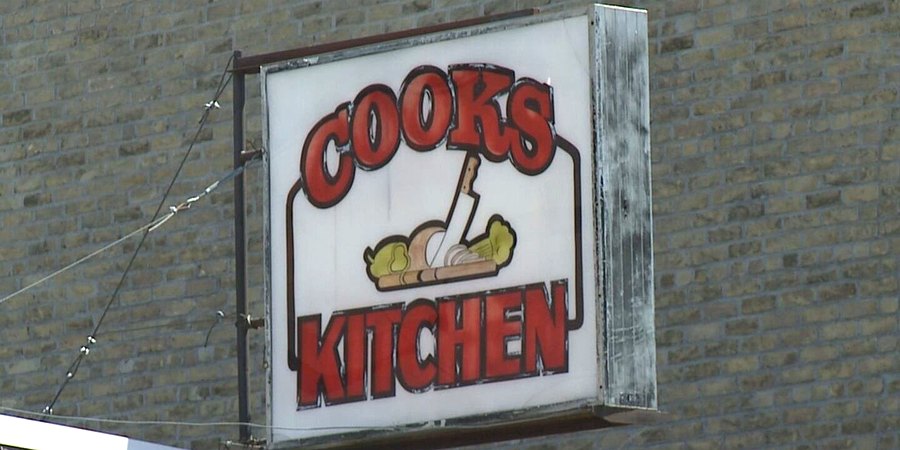 The iconic Cook's Kitchen sign above Main Ave, Brookings, SD